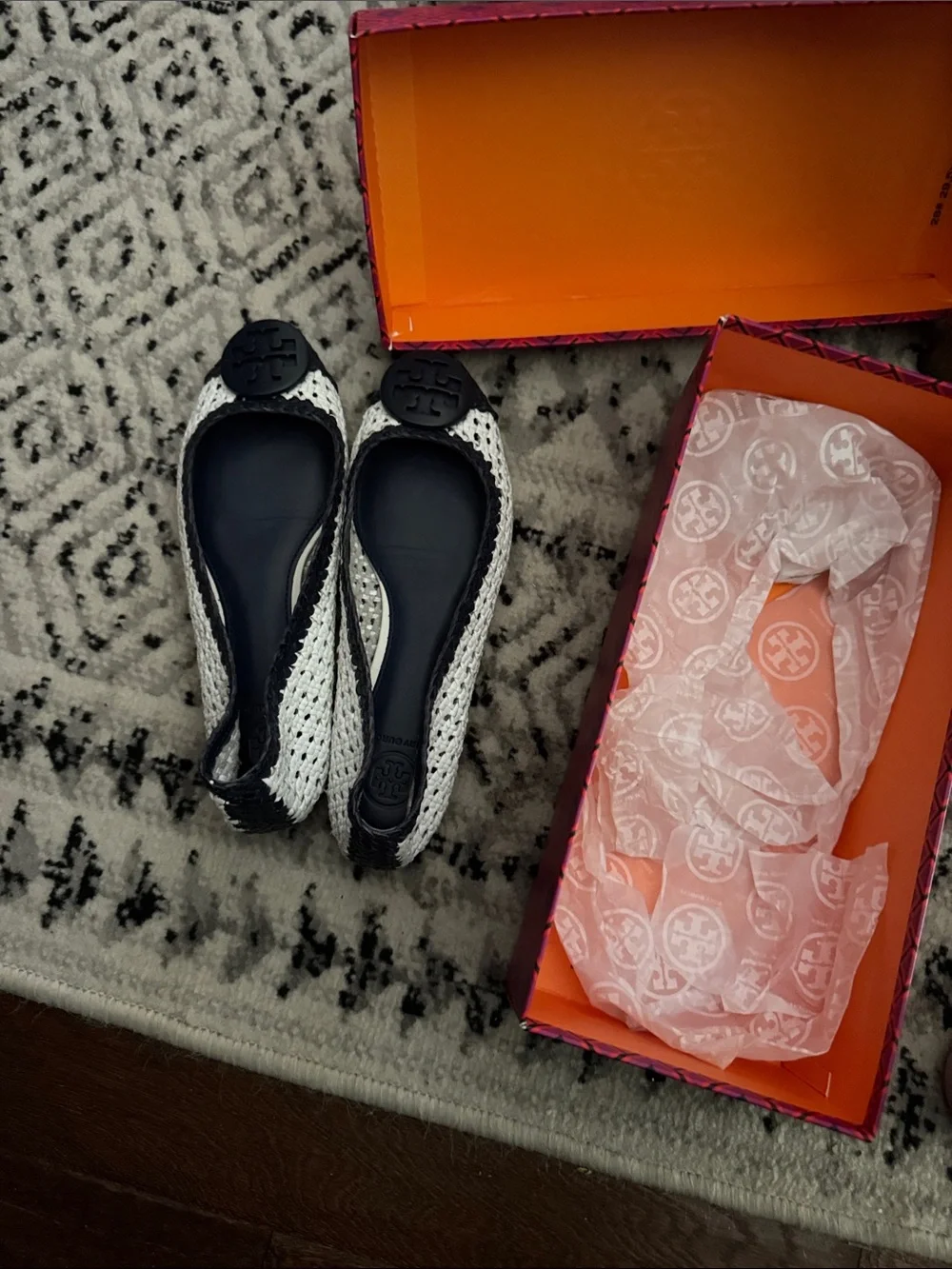 Tory Burch Navy & White Crochet Ballet Flats with Logo Medallion